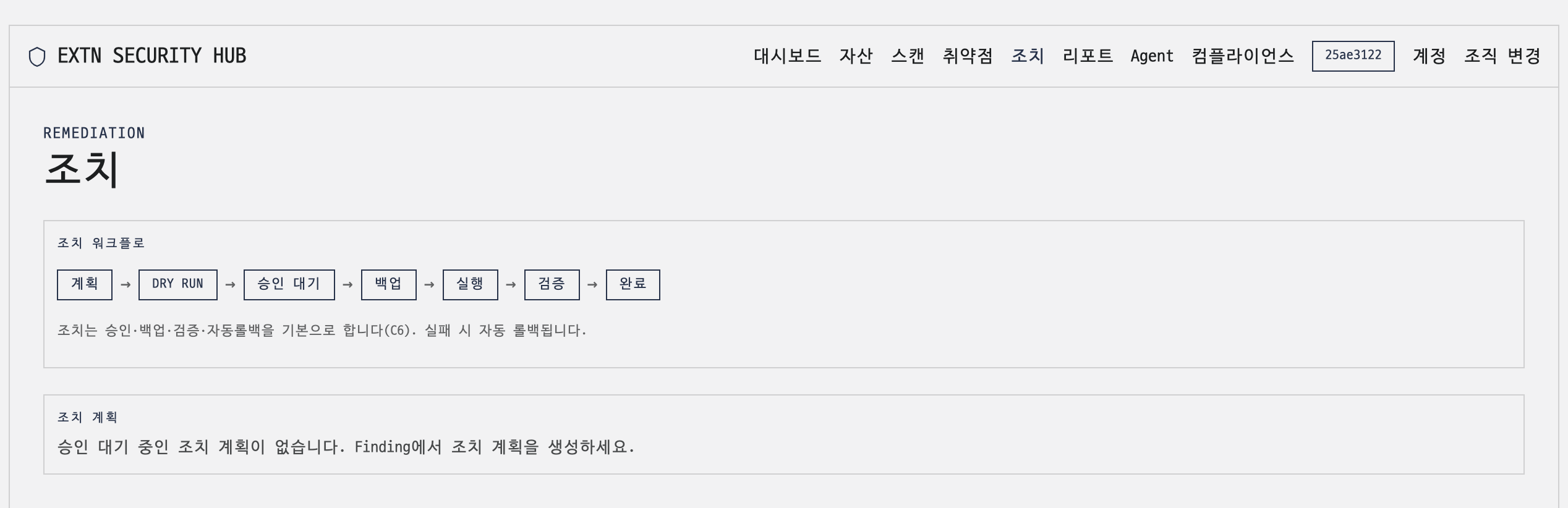 승인·백업·검증·롤백 단계를 보여주는 조치 화면